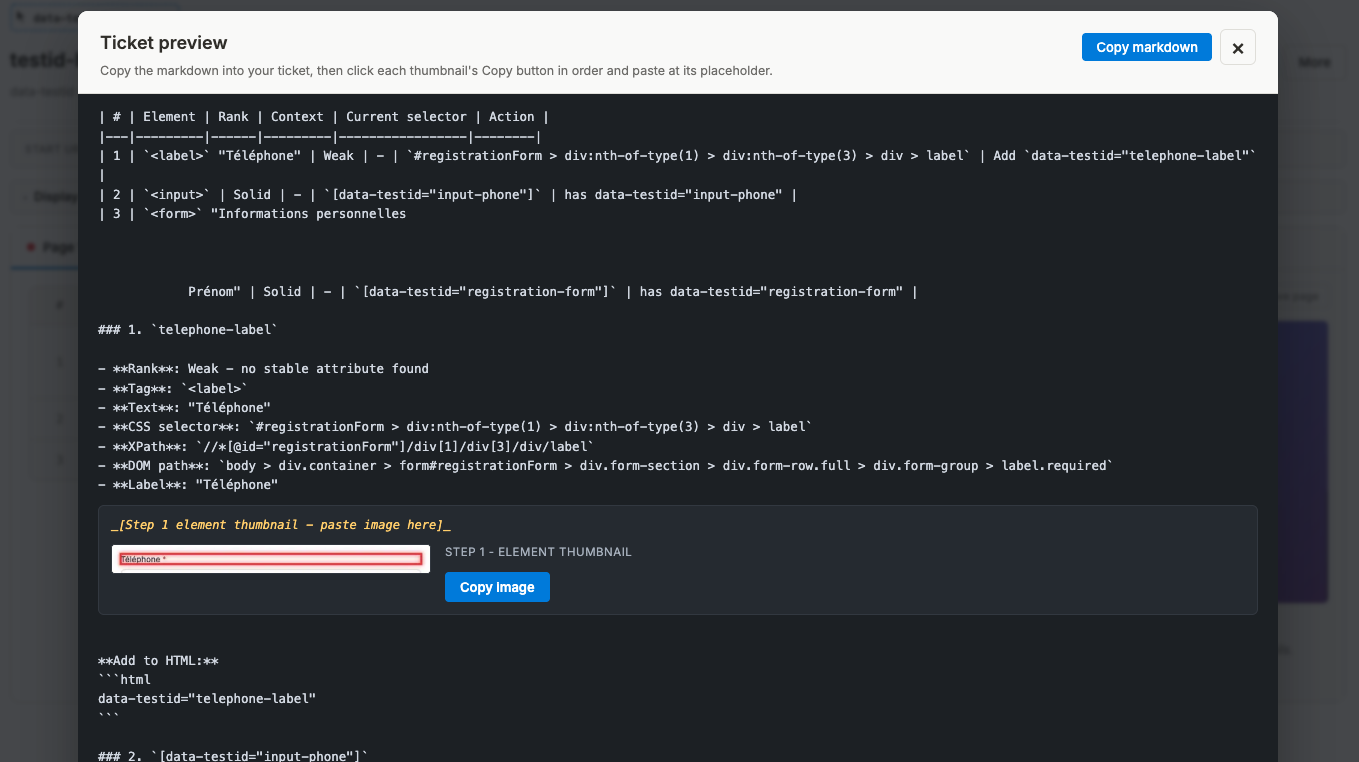 Aperçu du ticket markdown généré, avec tableau, détails par élément, thumbnail à coller et snippet HTML